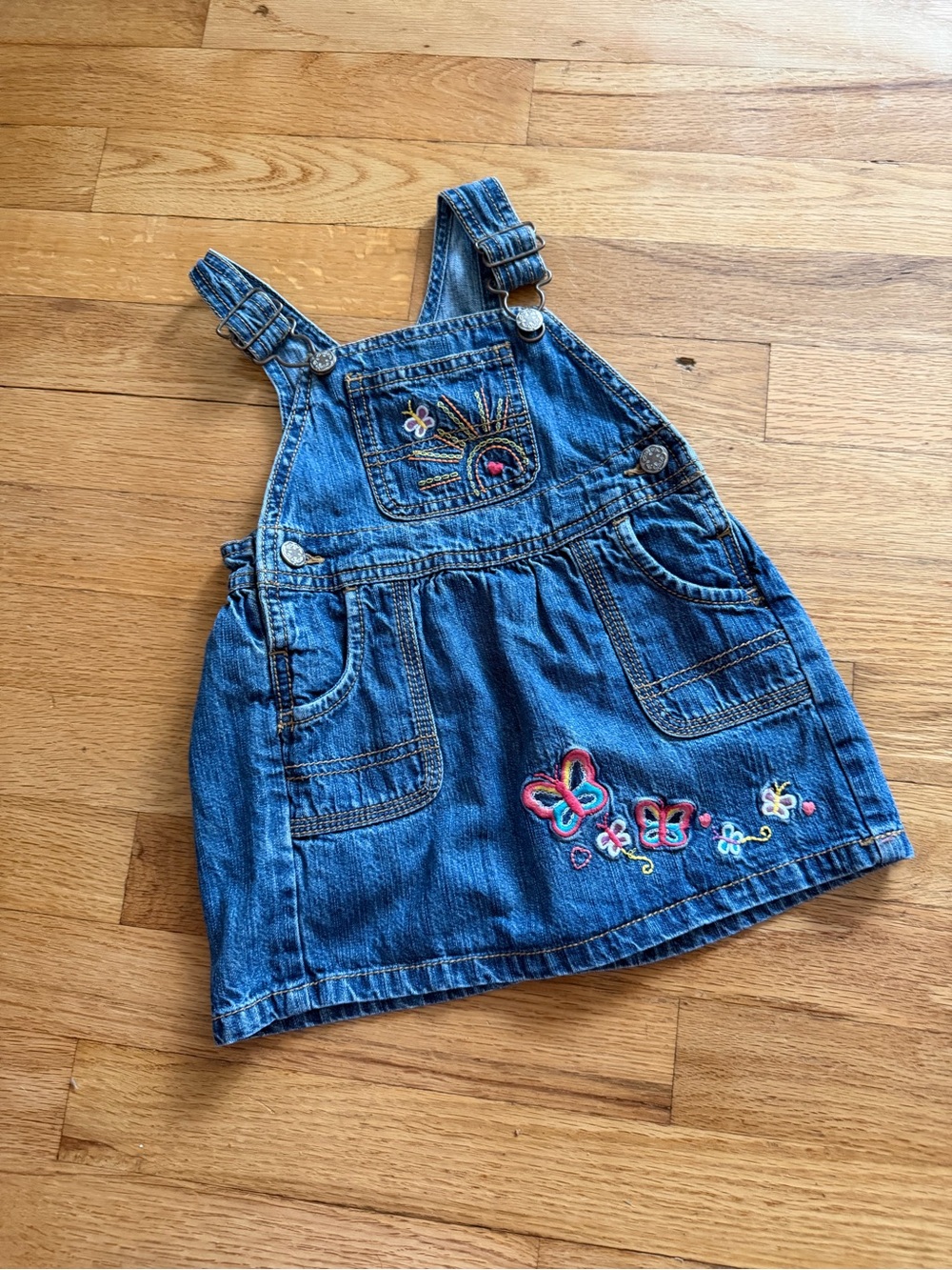 Vintage Denim Embroidered Butterfly Overall Dress for Kids - Blue